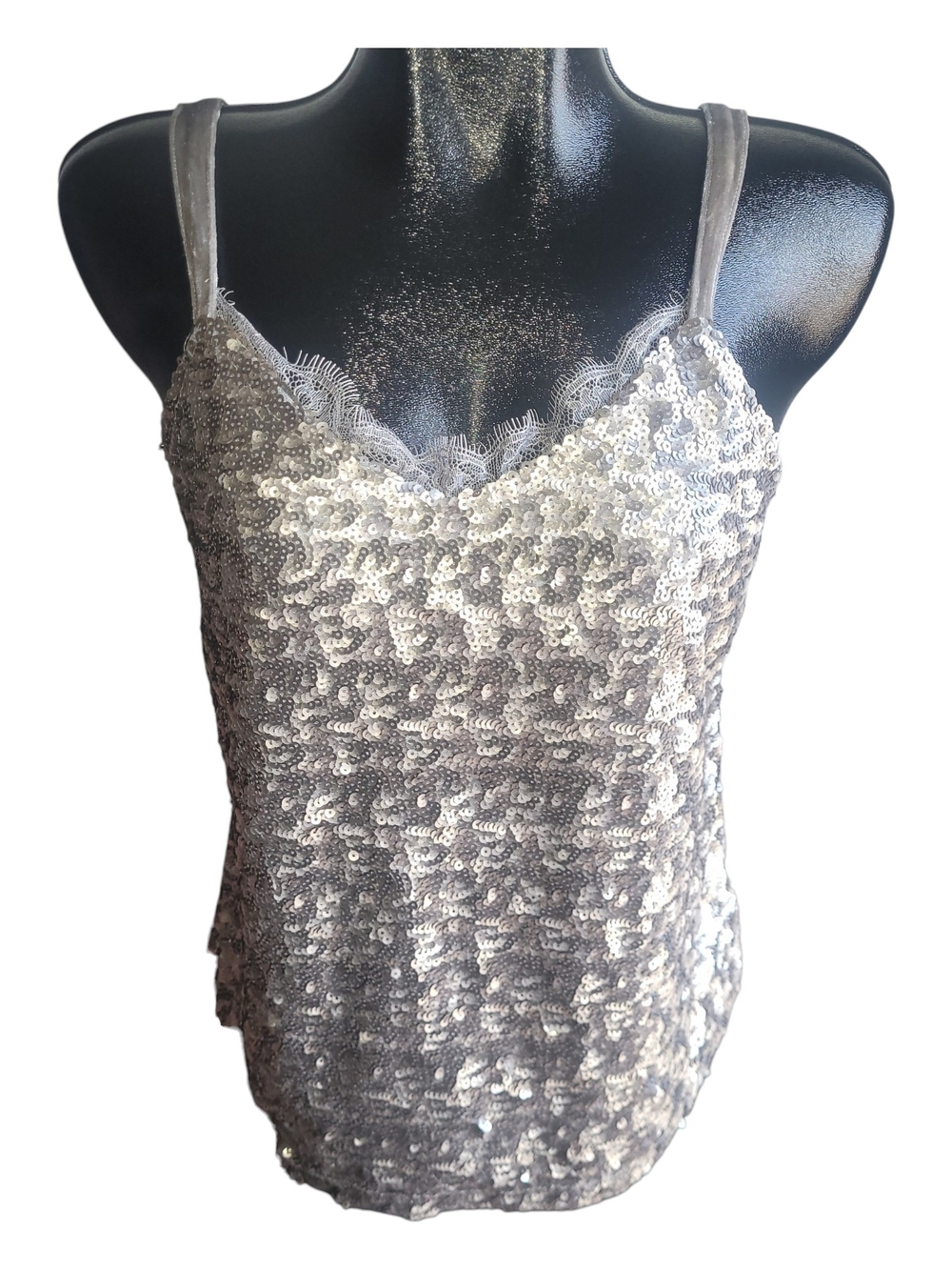 Cupio Silver Sequin Lace Trim Camisole Tank Top Size M